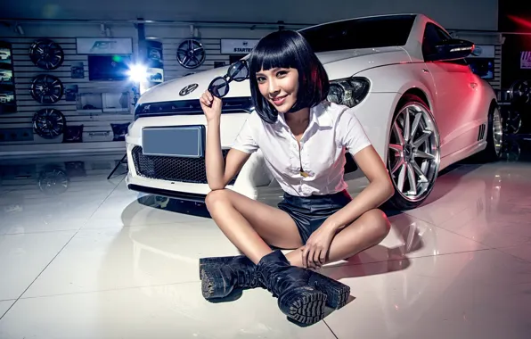 Look, smile, Girls, Volkswagen, glasses, Asian, beautiful girl, white car