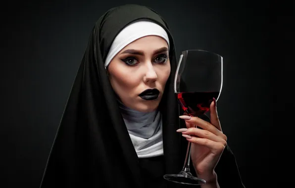 Picture look, girl, face, background, wine, glass, hand, makeup