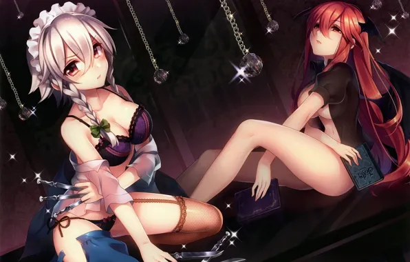 Books, braids, red, game, knives, two girls, uniform, the maid