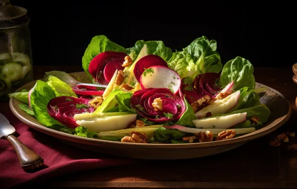 Light, the dark background, plate, vegetables, salad, AI art, neural network