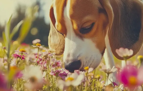Summer, look, light, flowers, pose, glade, dog, meadow