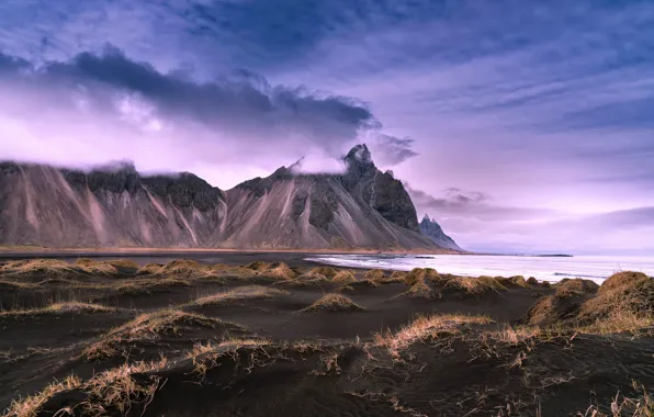 Sand, sea, the sky, clouds, mountains, shore, tops, dunes
