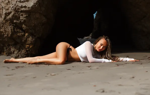 Sand, beach, the sun, pose, stones, rocks, model, panties