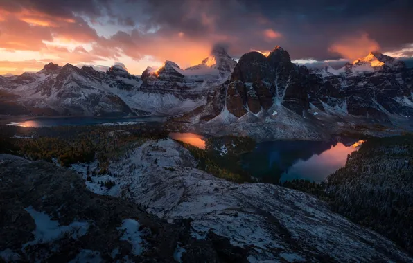 Winter, autumn, clouds, snow, mountains, rocks, lake, the evening