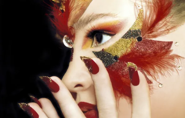 Picture look, girl, face, style, hand, feathers, makeup, manicure
