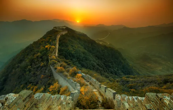 Picture sunset, fog, wall, Great, Chinese