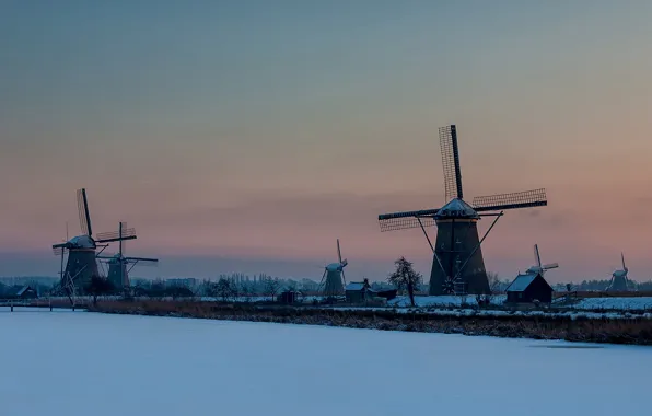 Picture winter, sunset, mill