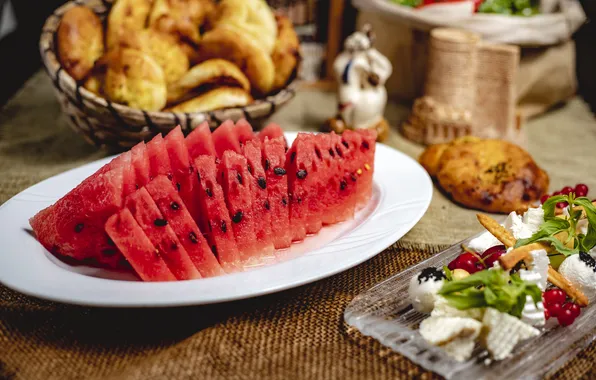 Greens, berries, table, watermelon, cheese, cookies, plate, seeds