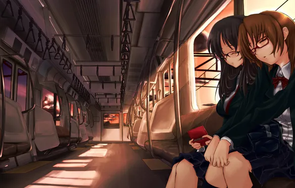 Sunset, girls, train, anime, art, glasses, the car, seat