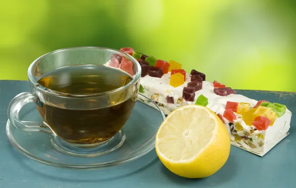 Picture lemon, tea, mug, drink, saucer, candied