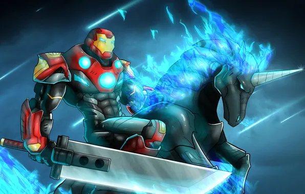 Picture horse, sword, armor, Iron Man, fan art, tony stark