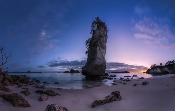 Picture beach, landscape, rock, stones, the ocean, dawn, twilight, Cathedral Cove