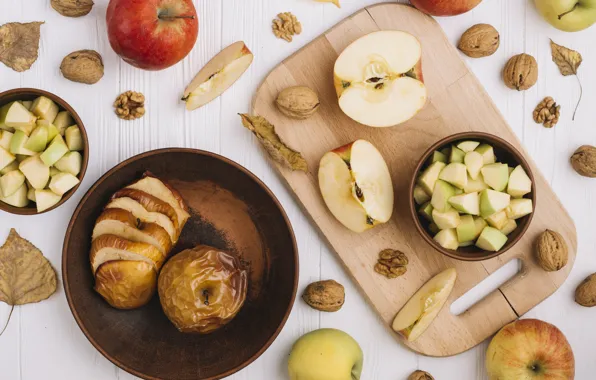 Picture apples, nuts, dessert, cutting Board