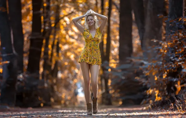 Forest, girl, bokeh, boots, Markus Hertzsch, yellow dress