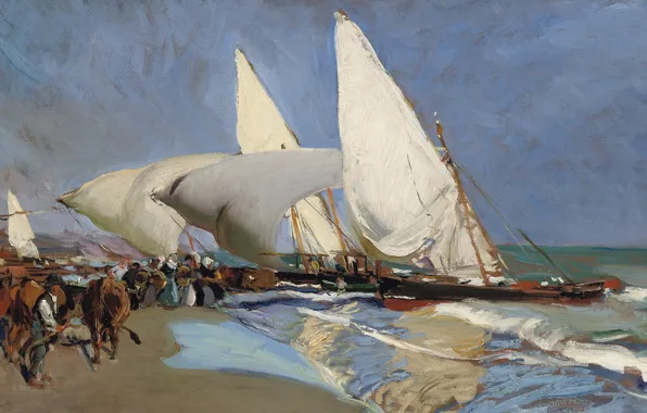 Shore, boat, picture, sail, seascape, Beach Of Valencia, Joaquin Sorolla