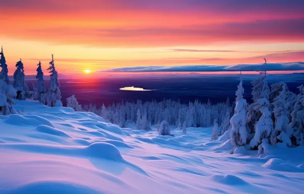 Winter, field, forest, the sky, the sun, clouds, light, snow