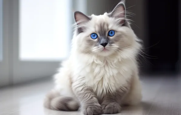 Cat, look, pose, kitty, grey, room, door, fluffy