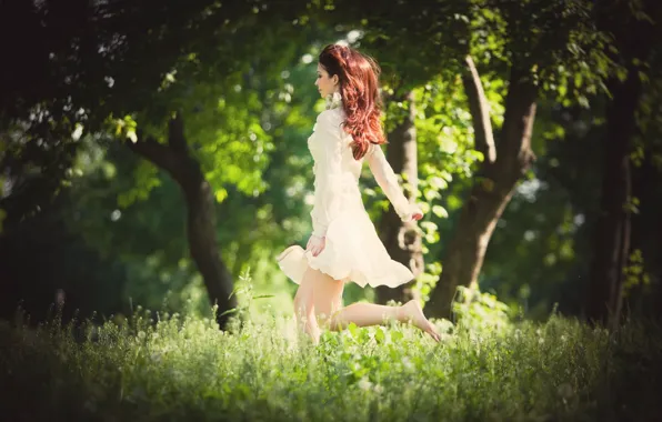 Greens, grass, girl, trees, nature, background, tree, Wallpaper