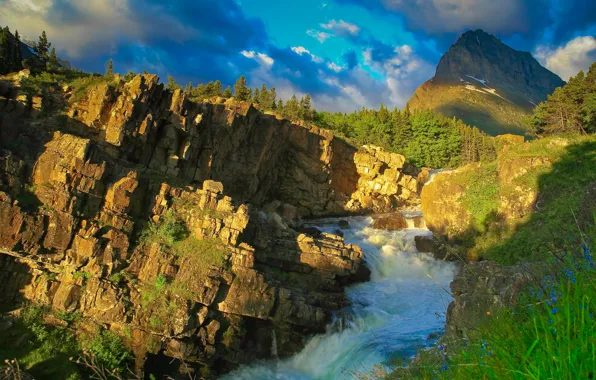 The sky, trees, mountains, river, rocks