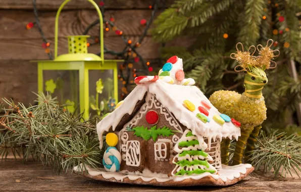 Board, deer, Christmas, lantern, New year, house, needles, garland
