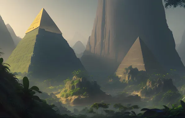 Forest, fog, rock, pyramid, jugnle