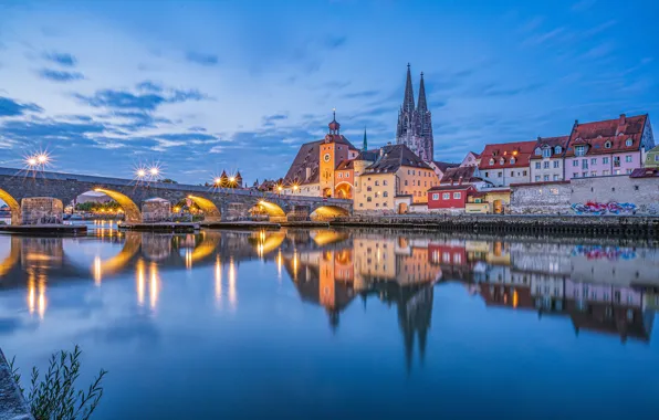 Bridge, reflection, river, building, home, Germany, Bayern, Germany