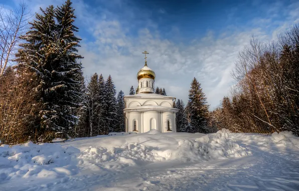Winter, snow, landscape, nature, morning, frost, Church