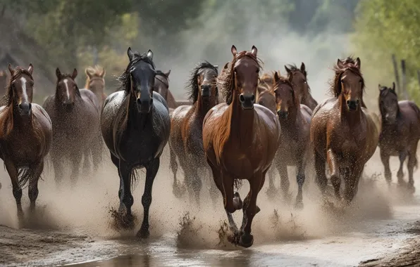Horses, horse, running, the herd, digital art, AI art, neural network, the art of artificial …