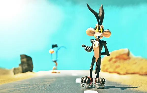 Picture road, the sun, desert, cartoon, shadow, Looney Tunes, Road Runner, Wile E. Coyote