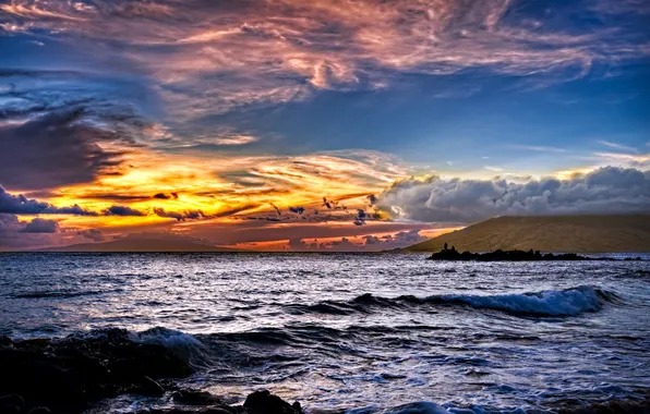 Sea, wave, the sky, water, sunset, clouds, the ocean, shore