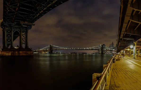 Picture night, the city, lights, river, NYC, Manhattan &ampamp; Brooklyn Bridges
