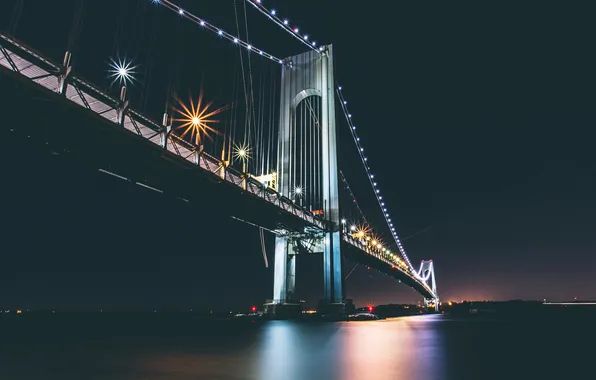Night, bridge, lights, reflection, river, New York, mirror, United States