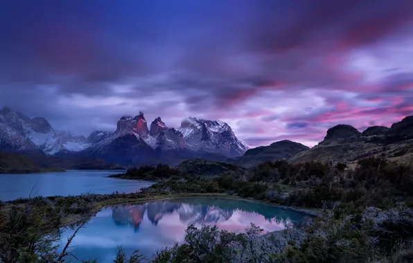 Clouds, landscape, sunset, mountains, nature, vegetation, Chile, lake