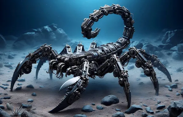 Sand, water, stones, robot, the bottom, fantasy, Scorpio, cyborg
