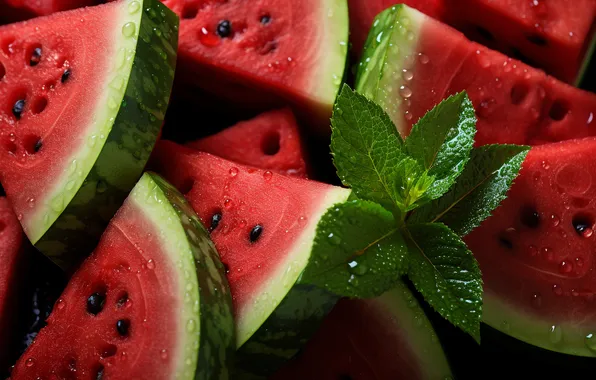 Summer, drops, freshness, the dark background, watermelon, mint, slices, watermelons