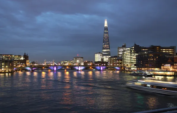 London, river, sky, night, tower bridge, shard, london, thamesis