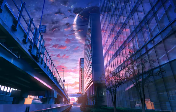 The sky, space, sunset, the city, The moon, fantasy