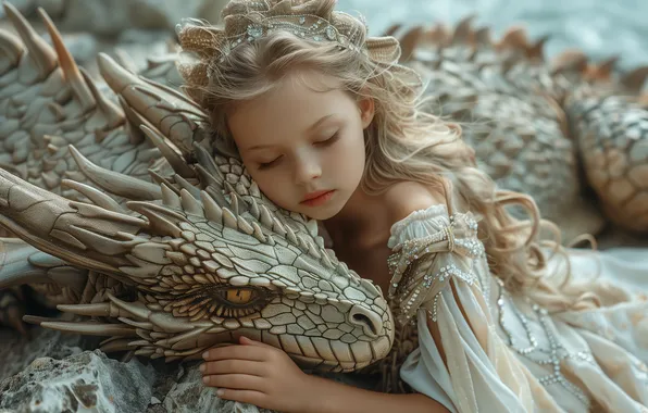 Face, pose, grey, dragon, hand, sleep, fantasy, blonde