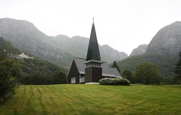 Field, mountains, vegetation, temple, Norway