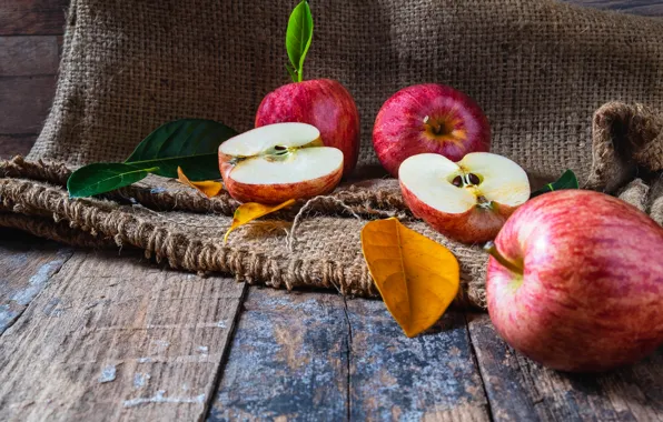 Picture autumn, leaves, apples, wood, autumn, leaves, fruits, autumn