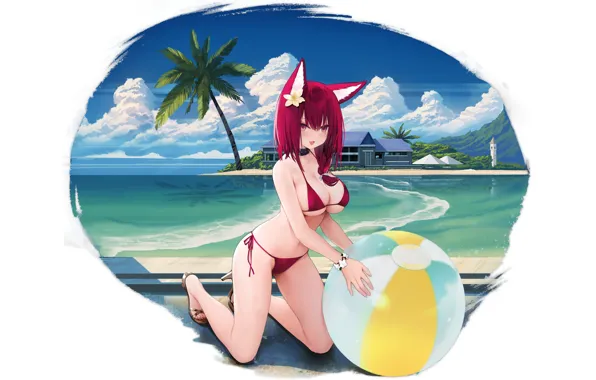 Girl, sexy, cleavage, beach, long hair, sea, boobs, anime