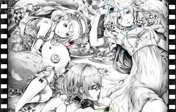 Picture girls, toy, headphones, art, VOCALOID, bouno satoshi, players
