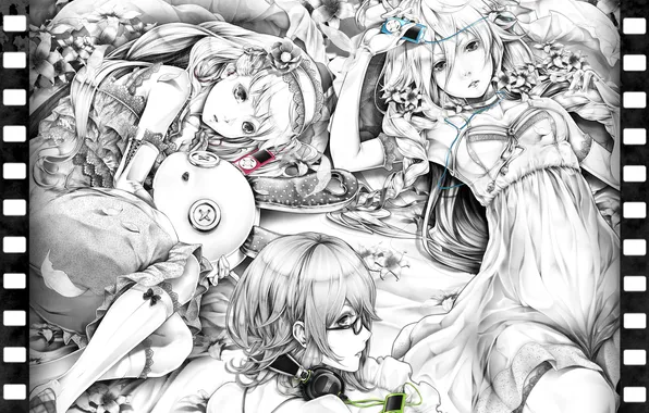 Girls, toy, headphones, art, VOCALOID, bouno satoshi, players