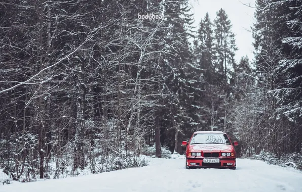 Winter, Road, Red, Snow, BMW, BMW, Red, oldschool