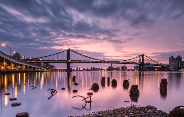 Sunset, bridge, the city, river, USA
