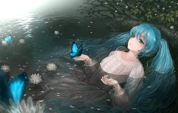 Water, girl, butterfly, flowers, lake, dress, vocaloid, hatsune miku