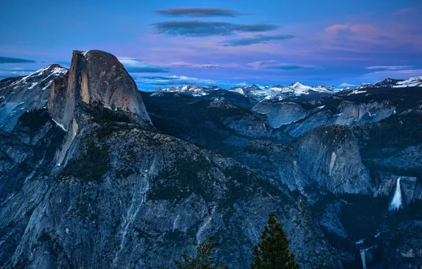 Forest, landscape, mountains, USA, twilight, Yosemite, High Sierra