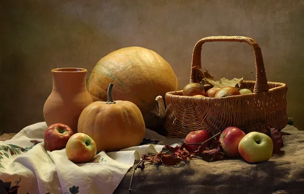 Picture basket, apples, bow, pumpkin, still life