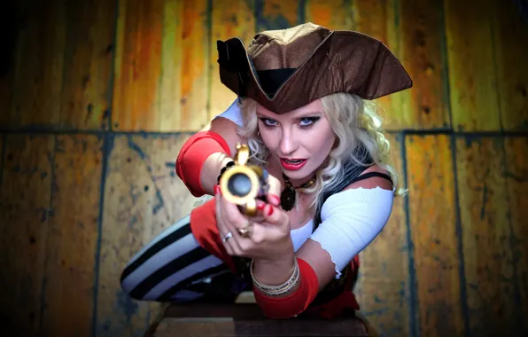 Look, girl, pirate, pistol