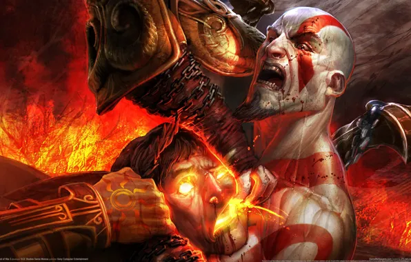 Picture demon, red, blood, kratos, god of war 3, Game wallpaper